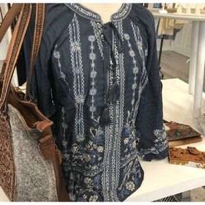 Savanna Jane Embroidered Tassel Tunic Top Large New Blue Lightweight Western